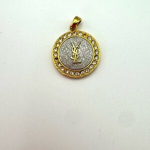 Vintage YSL Petite Gold Logo Crystal Medallion Pendant Necklace